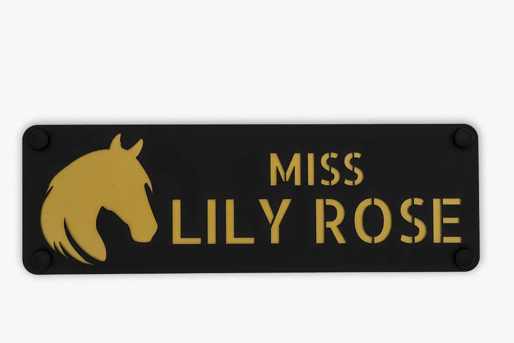 Edles 3D-Pferdeboxenschild in elegantem gold mit personalisiertem Logo und Namensgravur – stilvolles, hochwertiges Schild für Pferdeboxen, das dezente Eleganz und Individualität ausstrahlt.
