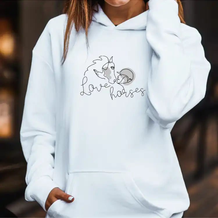 Weißer Hoodie mit Love horses Schriftzug für Pferdefans