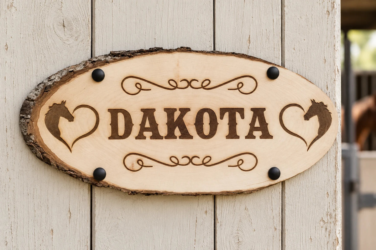 Ovales Holz-Boxenschild mit Rindenrand, graviertem Pferdenamen „DAKOTA“ und Pferdemotiven an einer hellen Stalltür.