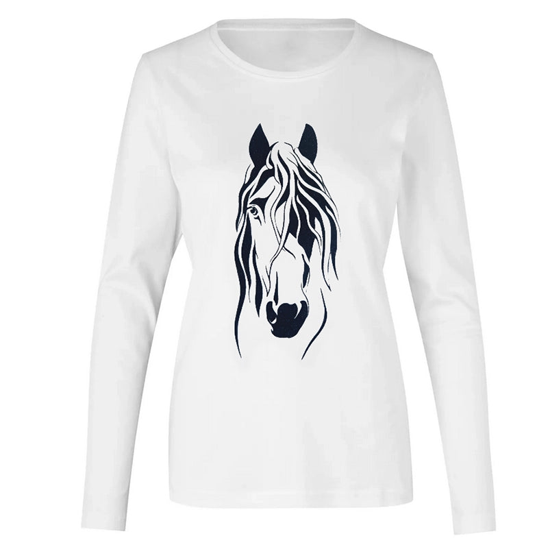 Weißes Langarmshirt Glamour mit Pferdekopf in Glitzeraufdruck – Shirt für Reiterinnen