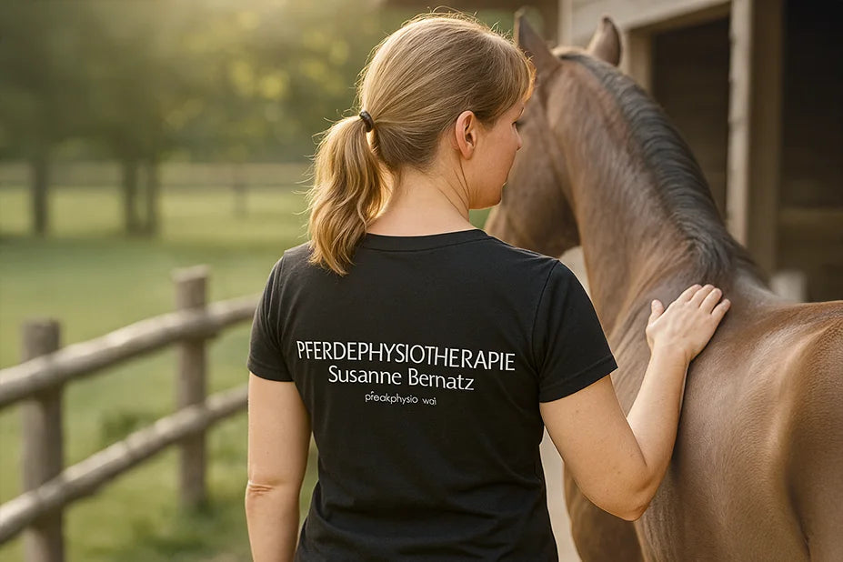Rückansicht einer Pferdephysiotherapeutin in schwarzem T-Shirt mit weiß-silbernem Werbedruck, vor einem Pferdestall – professionelle Arbeitskleidung im Reitbetrieb