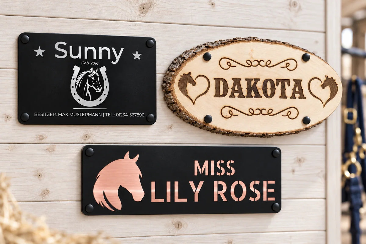 Personalisierte Boxenschilder für Sunny, Dakota und Miss Lily Rose aus Aluminium, Holz und mit roségoldener 3D-Optik an einer hellen Holzwand.