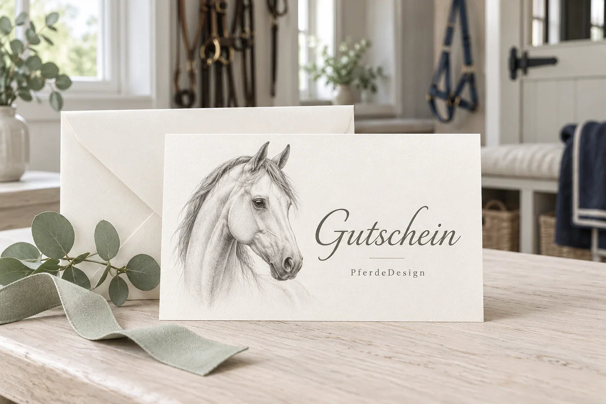 PferdeDesign-Gutschein mit gezeichnetem Pferdekopf, hellem Umschlag und salbeigrünem Geschenkband in einer hellen Sattelkammer.