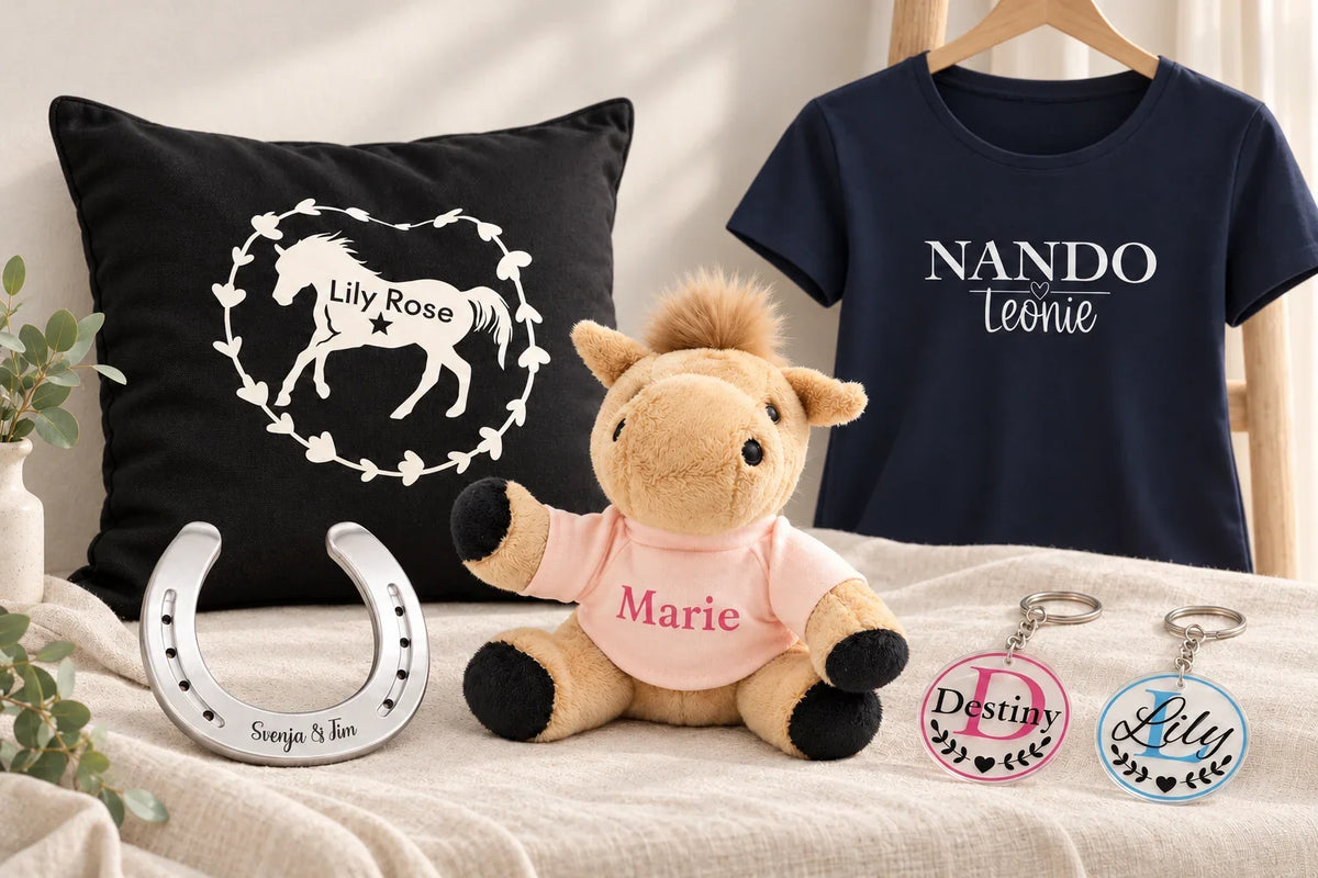 Personalisierte Geschenke mit Pferdemotiven: Namenskissen, T-Shirt, Pony-Kuscheltier, graviertes Hufeisen und Acrylanhänger auf hellem Leinen.