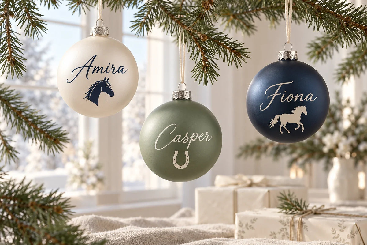 Personalisierte Weihnachtskugeln in Creme, Salbeigrün und Dunkelblau mit Namen und Pferdemotiven an Tannenzweigen.