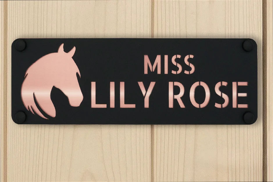 Edles 3D-Pferdeboxenschild, personalisiert mit Namen und Logo, hochwertig graviert für Stall oder Pferdebox – exklusives, handgefertigtes Schild mit edlem Design und langlebiger Qualität.
