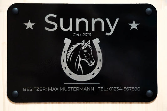 Aluminium-Boxenschild mit Hufeisen und Pferdemotiv, personalisierbar
