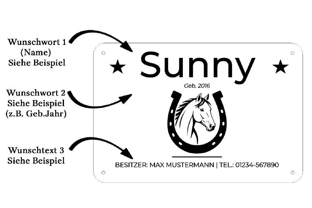 Aluminium-Boxenschild mit Hufeisen und Pferdemotiv, personalisierbar
