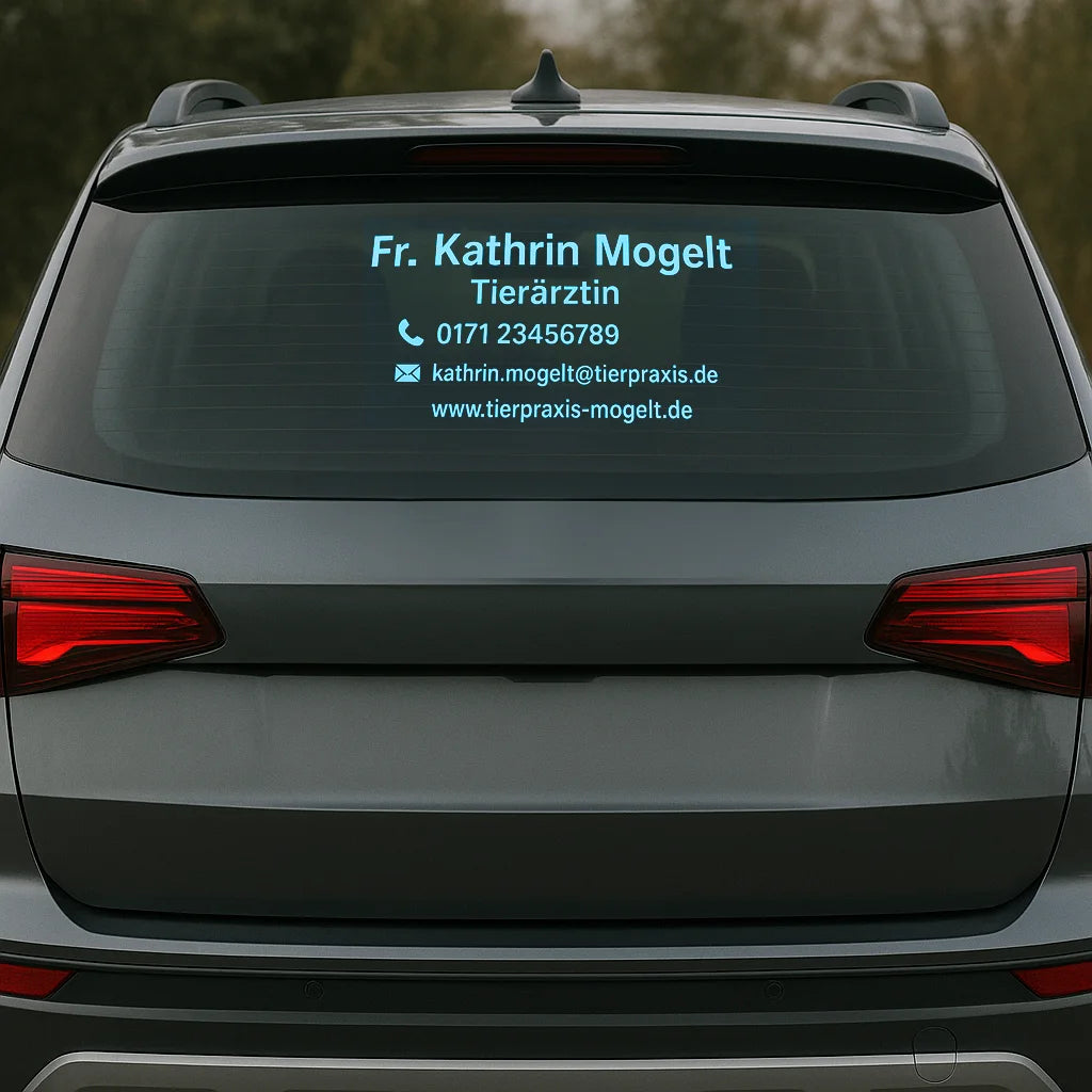 Autoaufkleber personalisiert, werbung auto, aufkleber für autos, werbeaufkleber, personalisierte autowerbung, Aufkleber mettmann, Autowerbung düsseldorf,blau