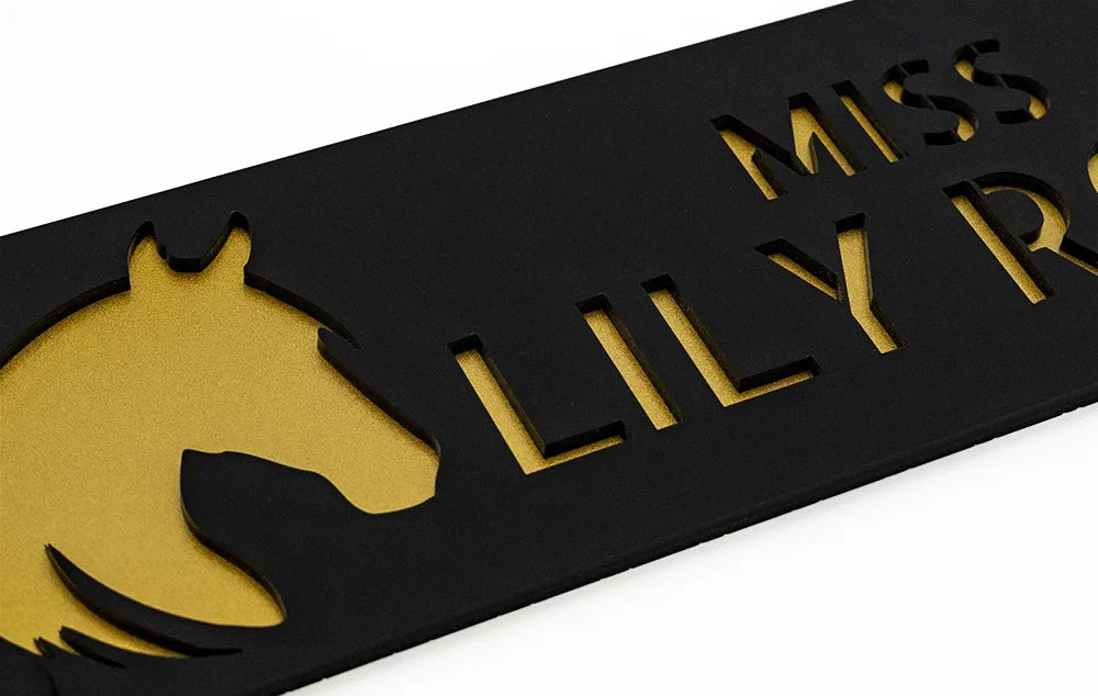 Edles 3D-Pferdeboxenschild in gold glänzend mit personalisiertem Logo und Namensgravur – luxuriöses Schild für Pferdeboxen, das Stil und Exklusivität im Stall betont.