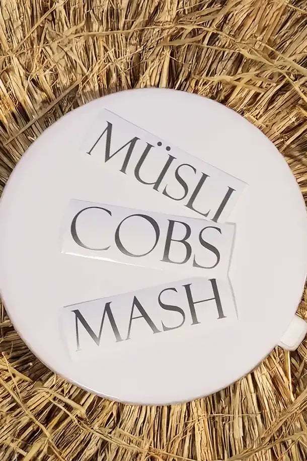 Deckel-Aufkleber mit Müsli, Cobs und Mash für die Futterschale