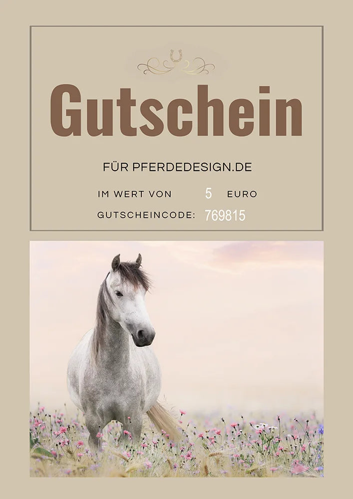 Gutschein für personalisierte Reitsportartikel mit galoppierendem Schimmel – Geschenk für Reiter und Pferdefans