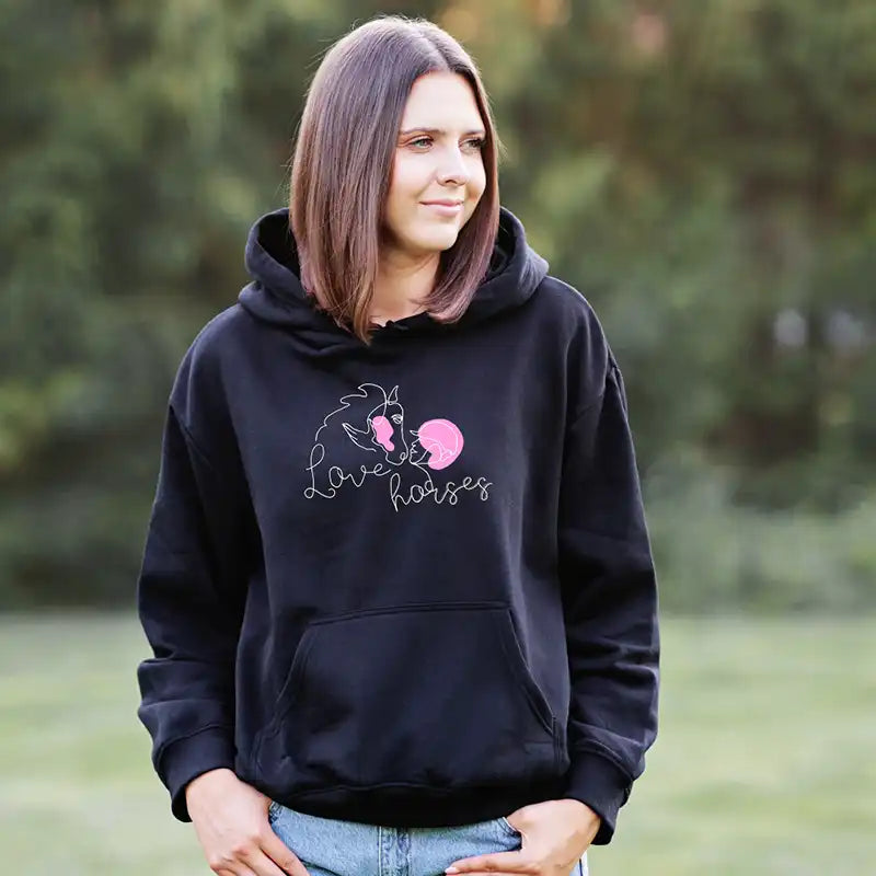 Schwarzer Hoodie Love horses mit hellem Pferdemotiv