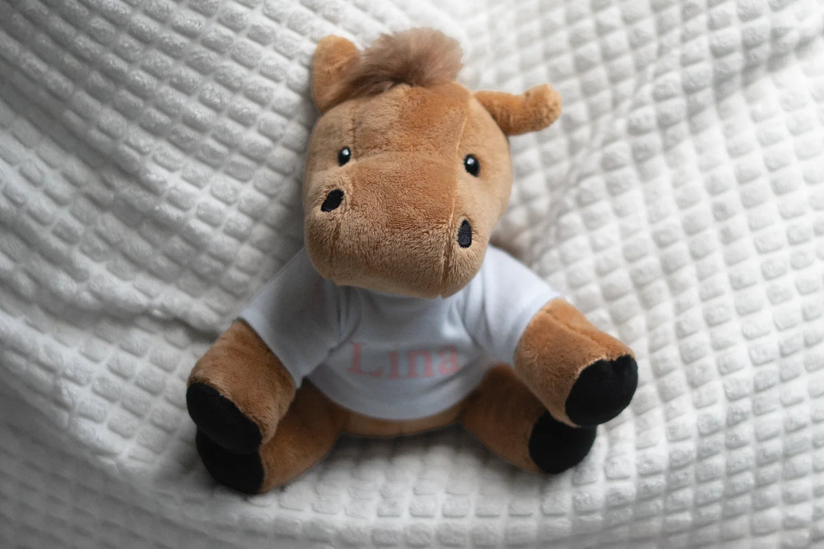 Plüschpferd mit Namens-Shirt auf einer Kuscheldecke – Geschenk zur Geburt