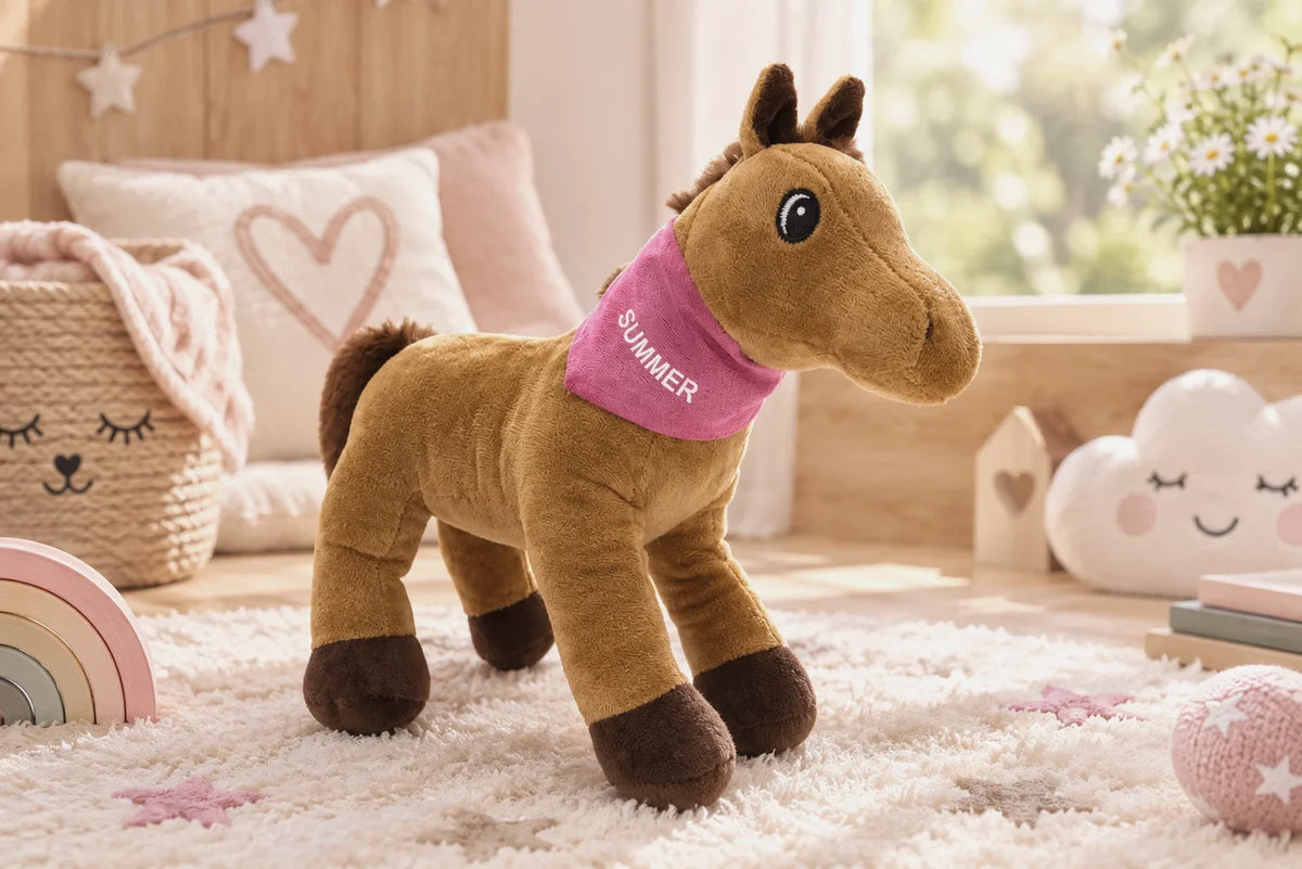 Kuscheltier Pferd, mit Namen oder Logo personalisierbar