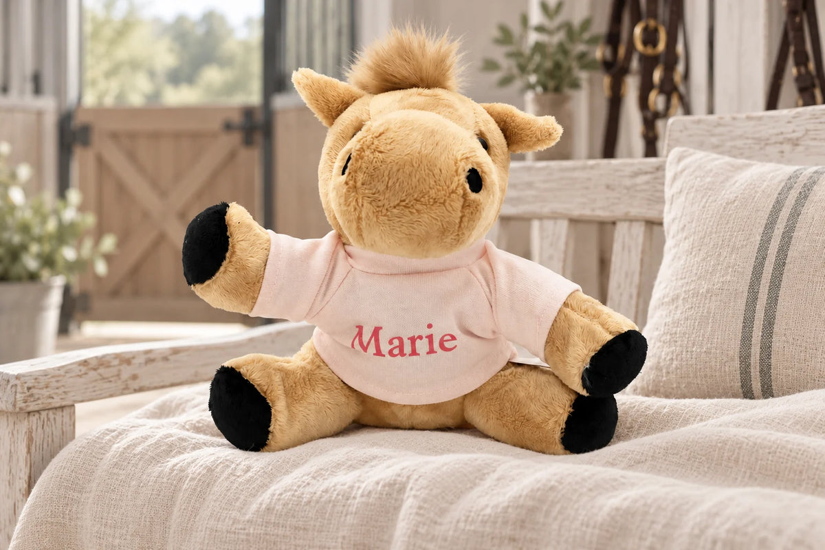 Beiges Pony-Kuscheltier mit rosafarbenem Namensshirt „Marie“ auf einer hellen Leinenbank.