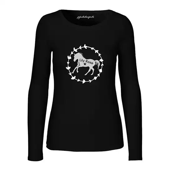 Schwarzes Langarmshirt mit Pferdemotiv und Namen