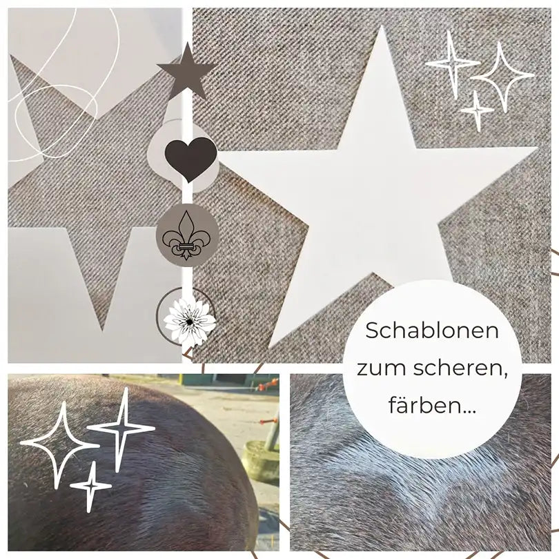 scherschablone pferd, pony, schablone zum scheren, zum färben, reitsportartikel, schablone herz, stern, blume, fleur de lis, scherschablone gross, geschenkidee für reiter, geschenke pferdeliebhaber