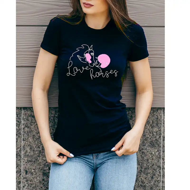 Dunkelblaues Reiter-T-Shirt Love horses, Vorderansicht