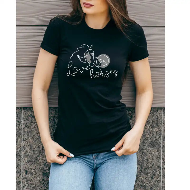 Schwarzes Reiter-T-Shirt Love horses mit hellem Aufdruck