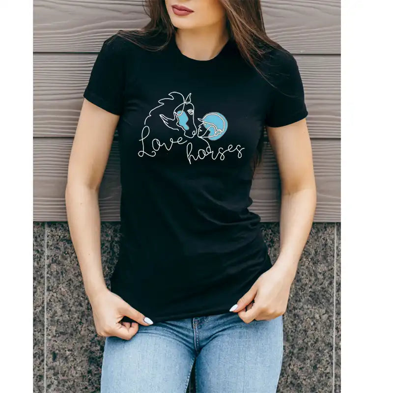 Schwarzes Shirt Love horses für Reiterinnen