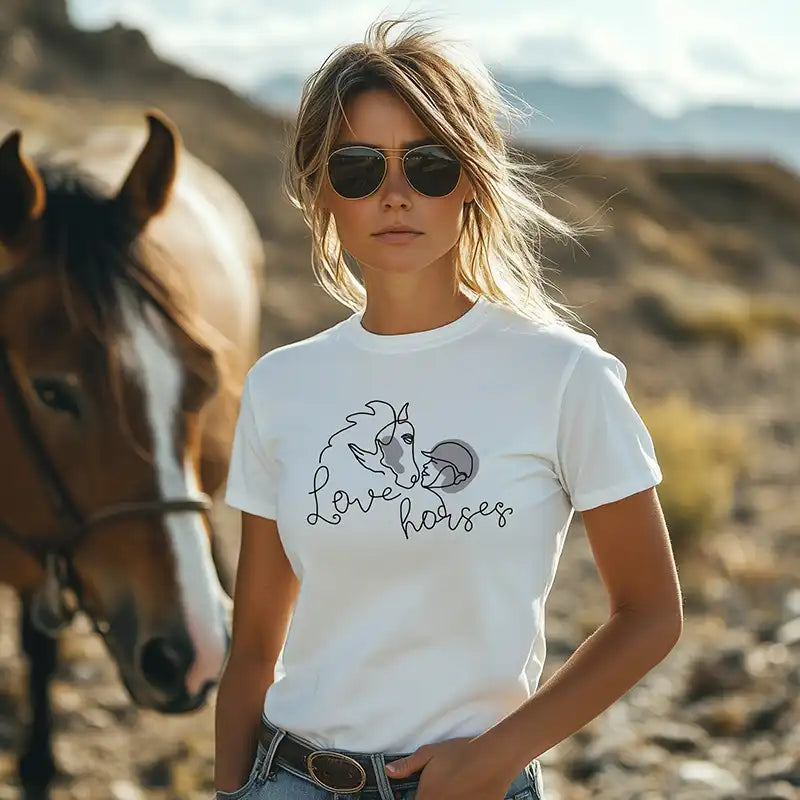 Reiterin im Love horses Shirt mit Pferd im Freien