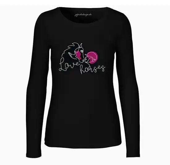 Longsleeve Love horses in Schwarz mit pinkem Motiv – Geschenk für Pferdefans