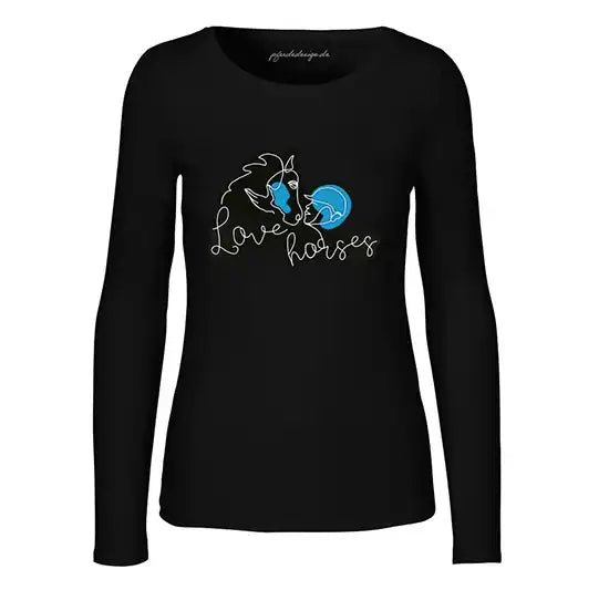 Schwarzes Langarmshirt Love horses mit türkisem Pferdemotiv