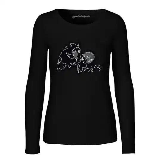 Schwarzes Damen-Longsleeve Love horses mit hellem Aufdruck