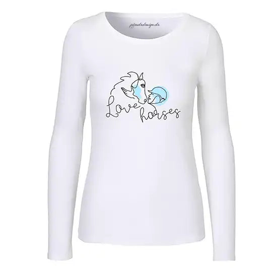 Weißes Damen-Longsleeve Love horses mit türkisem Pferdemotiv